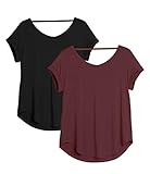 icyzone Damen Rückenfrei Yoga T-Shirt Kurzarm Sport Freizeit Tops Lose lässiges V-Ausschnitt Shirt, 2er Pack (L, Schwarz/Weinrot)