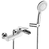 Badewannenarmatur Wasserfall White and Chrome Badewanne Armatur Messing Wandhalterung Einzelgriff Wannenarmatur mit Handbrause und 1,5 M B