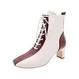 Huaya Stiefeletten für Damen Halbhohe Stiefel Mode Farblich passende Schnürstiefeletten High Heel Stiefel für Damen Retro Booties Tapered Heel Stiefel S