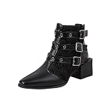 Damen-Stiefeletten, klobig, mittelhoch, gestapelter Absatz, spitze Zehenpartie, modische Farbkontrastreiche Schnalle, geschlossene Zehenpartie, hohe Komfortschuhe, Botas para Mujer, Schwarz , 40.5 EU