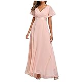 Damen Big Swing Sexy Langes formelles Ballkleid Paty-Kleid V-Ausschnitt Kleid Chiffon Elastisch Bankett Brautjungfer Abendkleid, rose, M