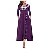 GFGHH Damen Kleid Lange Langes Ärmel Bedruckte Basic Herbst Winter Schlankes Kleid Freizeit Langarm Maxi Bohemian Kleid Lässiges Lose Rundhals Kariertes Kleid A-Linie Sw