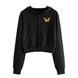 Bestyyo Frauen-Stickerei-Schmetterlings-Langarm-Reißverschluss-Taschen-Hemd-Kapuzen-Sweatshirt-Oberteil 286 (Oversize) Blumenmuster Thermo warme kelchkragen tailliert bügelleicht seidentunik