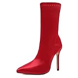 ZHENGRUI Elastische Strümpfe Bootie,Damen Sexy Mode Mittlere Stiefel Die Seide Spitz Stilettos Party Bar Beiläufig Einzigartig Party Bar,Red-40