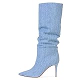 BeAUZQ Damen Sexy Spitz Kniehohe Stiefel Fashion Denim Slip On Winterstiefel Fetisch High Heels Stripper Club Party Prom Pumps Schuhe Größe 34-46,Blau,34