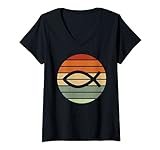 Damen Ichthys Christus-Fisch-Symbol Retro Sonnenuntergang Kunst katholisch Teens T-Shirt mit V