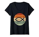 Damen Ichthys Christus-Fisch-Symbol Retro Sonnenuntergang Kunst katholisch Teens T-Shirt mit V