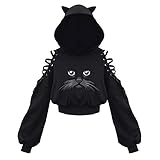 yiouyisheng Damen Kapuzenpullover Cat Ears Hoodie Langarm Sweatshirt Hollow Out Gothic, Aushöhlen Strappy Langarm Pullover Katze Ohr Kapuzenpulli Mädchen Pulli Einfarbig Schwarz Lang