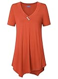 Amrto T-Shirt Damen V-Ausschnitt Tunika Tops Knöpfe Bluse Kurzarm Asymmetrisch Shirts Sommer Oberteile, Orange XXL