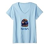 Damen NASA Worm Logo Astronaut Helm Planet Satellit T-Shirt mit V