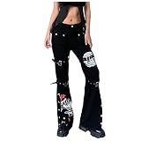 Damen Schlagjeans Y2K Dark Gothic Style Totenkopf Druck Denim Hose Jeans im Metallstil mit Werkzeugen Gerade Jeanshose mit mittlerer Taille Laufsteghose mit Knopfleiste Freizeithosen Carg