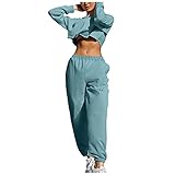Damen Rundhals Lounge Set Kurze Pullover Crop Top Jogginghose Mit Kordelzug Einfarbige Sweatshirt Hosen Elegant Langarm Sportanzug Lustig Zweiteilig