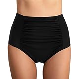 HIGOU Badeanzug Badehose Damen Hipster Bikini-Hose mit Raffungen Unifarben Bikinihose High Waist Ruched Hose Hoch Geschnitten Badeshorts Bikinislip Bauch Weg(Schwarz, L.)