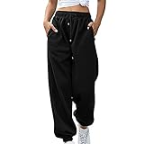 Damen Solide Sweatpants Hohe Taille Sport Athletic Baggy Sweatpants Casual Kordelzug Jogginghose, Schwarz , S