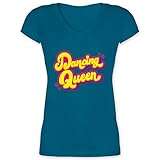 Vintage - Dancing Queen - M - Türkis - Band - XO1525 - Damen T-Shirt mit V