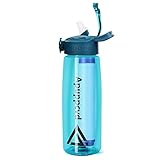 Apuppcvd Trinkflasche mit Filter, 650ml Trinkflasche mit Strohhalm Aktivkohle, Wasserfilter Outdoor Flasche aus Tritan für Wandern Camping Outdooraktivitäten, BPA-Frei (Blau)