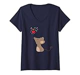 Damen Maus mit regenbogenfarben Herzen T-Shirt mit V