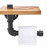 Wimagic 1x Vintage Wasserrohr Toilettenpapierhalter Eisen mit Holz Aufbewahrungsfläche Nostalgischer Stil Klopapierhalter für Haus Bar Pub Bistro Hotel Restaurant 20x15