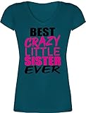 Schwester und Tante Geschenk - Best Crazy Little Sister - schwarz/Fuchsia - XXL - Türkis - Spruch - XO1525 - Damen T-Shirt mit V