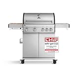 BURNHARD 4-Brenner Gasgrill Big FRED Deluxe mit 900°C Keramikbrenner und Seitenkochfeld, 17 kW Edelstahl Grillwagen mit klappbaren Seitentischen, Gusseisen-Grillrost, Piezozündung inkl. Abdeckhaub