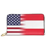 American Flag and Austrian Flag Ladies Long Wallet Genuine Cowhide Zip Closure Card Slot W