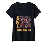 Damen Lustige Eule 'Be Watching You Merch' im Vintage-Look T-Shirt mit V