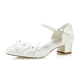 Mrs White 6655-1 Damen Hochzeitsschuhe 4cm Niedriger Keilabsatz Spitze Satin Diamant Abschlussball Brautschuhe, 37 EU