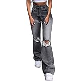 FUZUAA Damen Jeans High Waist Stretch Cutoffs Distressed Straight Leg Denim Jeans Hose 70er Vintage E-Girl Style Y2K Schlagjeans Hose (Color : Gray, Size : M)