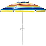 GYMAX Sonnenschirm Strandschirm 220 cm, Gartenschirm Terrassenschirm neigbar & tragbar, runder Marktschirm mit Verankerung & Getränkehalter, für Garten, Sandstrand (Bunt)