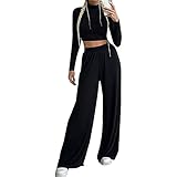 laamei Traingsanzug Damen Zweiteiler Sportanzug Streetwear Modisch Bauchfrei Hoherkragen Oberteil Langarm Sweatshirt Elastischer Bund Jogginghose Freizeitanzug Outfit Bekleidungsset (A-Schwarz，S)