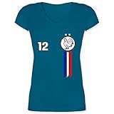 Fussball WM 2022 Fanartikel - 12. Mann Frankreich Emblem - XL - Türkis - Frankreich - XO1525 - Damen T-Shirt mit V