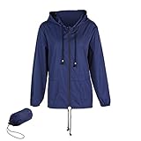 Damen Casual Langarm Rundhals Packable Outdoor-Kleidung Loose Fit Einfarbig Windbreaker Regenmantel Slim Fashion Style Regenfest Kapuze Verstellbarer Kordelzug, marineblau, S