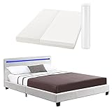 Juskys Polsterbett Verona 120 × 200 cm - Bett komplett mit LED-Beleuchtung, Matratze und Lattenrost - Kunstleder Bezug - weiß – Jugendb
