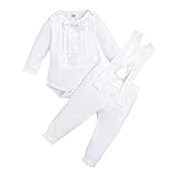 FYMNSI Baby Jungen Taufanzug Taufbekleidung Festanzug Festliche Hochzeit Gentleman Smoking Anzüge Baumwolle Jumpsuit Fliege Langarm Body Strampler Hosenträger Hose 2tlg Bekleidungset Weiß 0-6 M