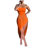 TYTUOO Sexy Sommerkleid für Damen, lockere Passform, schulterfrei, ärmellos, asymmetrischer Saum, hoher Schnitt, gerüscht, solides langes Kleid für Party, A-Orange, L