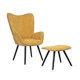 MEUBLE COSY fauteuil design scandinave Sessel mit Hocker Lounge Relaxstuhl Polstersessel Lesesessel Armlehnstuhl Stuhl mit Rückenlehne Stoff Kissen, Holz, Gelb, 68x73x106