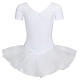 tanzmuster ® Ballettkleid Mädchen Tutu - Nele- aus weichem Baumwollstoff mit Glitzersteinen fürs Kinder Ballett Ballettbody Ballett Trikot, Weiß 152-158