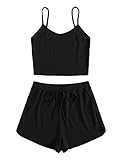 SOLY HUX Damen Cami Top und Shorts Set Zweiteiler Spaghettiträger Sommer Hausanzug Loungewear Camisole Outfits Sportwear Set Schwarz L