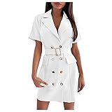 LOPILY Damen Revers Kurzen Ärmeln Zweireihiger Slim Fit Anzug Kleid Hohe Taillen Knielang Wickelkleid Bequem Freizeit Minikleid Frauenkleid Einfarbiges Elegant Stilvolles Kleider (White, M)