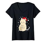 Damen Süße Katzen Xmas Kätzchen Weihnachtsoutfit T-Shirt mit V