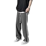 Haoooanck Sporthose Herren Lang, Herrenhosen, dünne gestreifte Sporthose, lose Breitbein-Gerade-Hosen, lässige Hose, Anzughose gerade (Color : Gray, Size : XL)