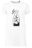 Kosmos Flasche Damen T-Shirt Kleid Lang Weißer Rundhals Leichtes Lässiges Kurzarm Women's White Crew Neck Casual Short S