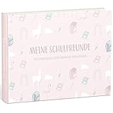mintkind® „Meine Schulfreunde“ Freundebuch für Mädchen – Freundschaftsbuch für die Grundschule | Geschenk zur Einschulung | Schulfreundebuch zum Ausfüllen im Alpaka und Regenbogen Desig