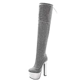 MISSUIT Damen Glitzer Overknee Stiefel High Heels Stretch Stiefel mit Schnürung und Reißverschluss Extrem Plateau Langschaftstiefel Blockabsatz(Silber,41)