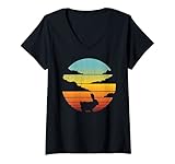 Damen Bunny Retro Vintage 60er 70er Jahre Sonnenuntergang Kaninchen Säugetier Herren T-Shirt mit V