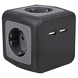 Q-Link Mehrfachsteckdose mit USB - 4 Steckdosen - 2 USB Anschlüsse - Schwarz Grau- 1,5m Kabel - 5.0Vx12.4 A Total 12.0W