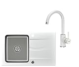 VBChome Spülbecken mit Armatur 78x48 Weiß Granit Edehlstahlbecken Küchenspüle Siphon reversibel Verbundabtropffläche Abtroffläche Einbauspüle Einzelbecken Modern W
