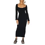 Sexy Damen-Kleid mit quadratischem Kragen, langes Kleid aus Strick, ohne Rückenlehne, Schwarz , M