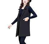 Frauen Solide V-Ausschnitt Lange Weste Ärmellos Lose Dünn Mantel Koreanisch Blau Mutter Frühling Tops, Schwarz , 52