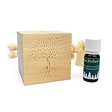 Zirben-Würfel Duft-Set | Zirbenholz-Würfel mit Motiv und Tropfstruktur + BIO Zirben-Öl (10 ml) | Erhältliche Motive: Berge, Lebensbaum, Schlaf-gut und Herzen. | Geschenk-Box mit Nachricht (Baum)